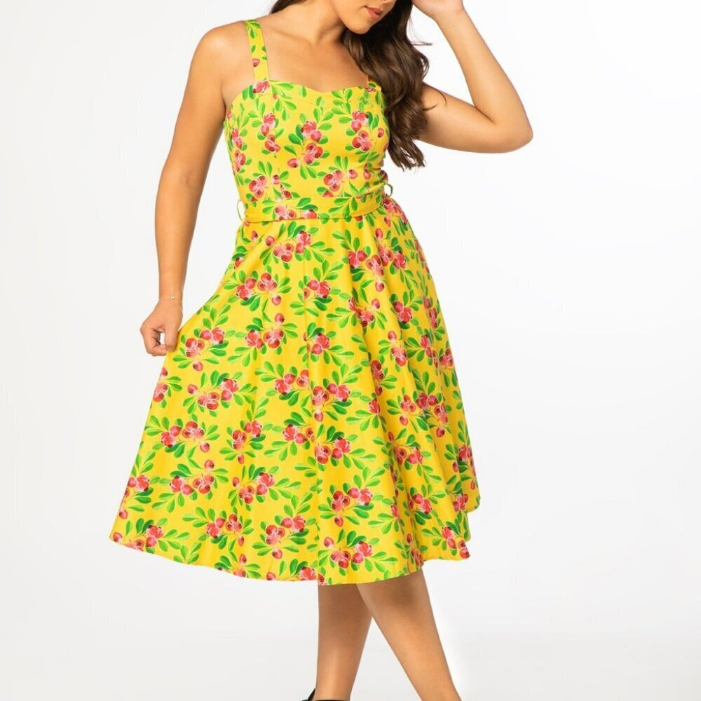 Miss Lolu Lori" Strawberry Guavas Midi Dress Yellow Pockets Sleeveless Sz M NWT